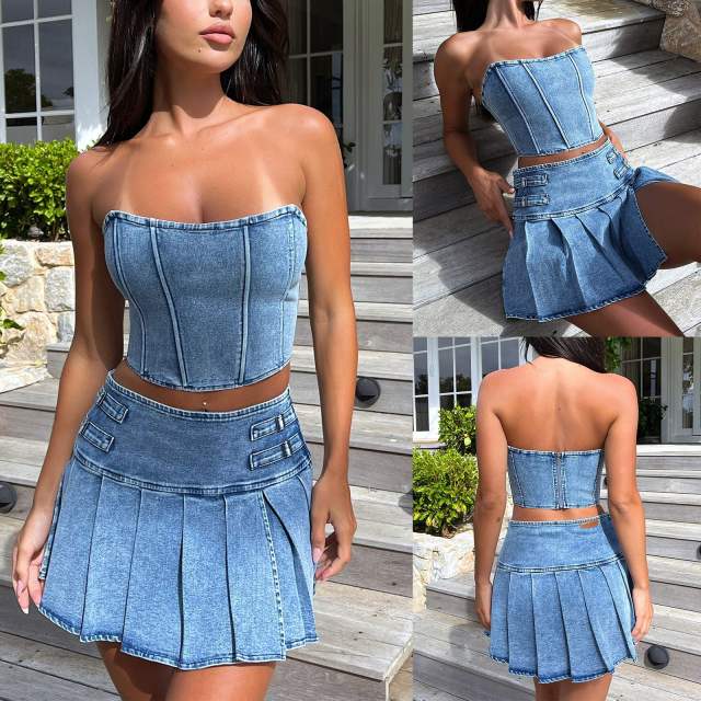 Summer tube top pleated skirt Denim suit