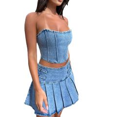 Summer tube top pleated skirt Denim suit
