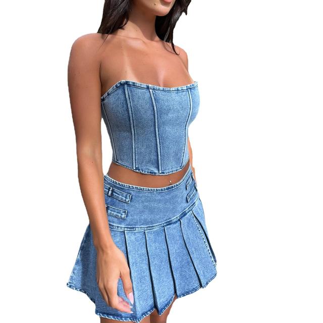 Summer tube top pleated skirt Denim suit
