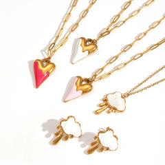 Sweet enamel heart cloud pendant stainless steel necklace