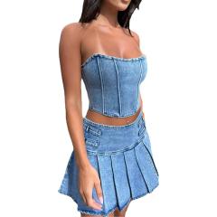 Summer tube top pleated skirt Denim suit