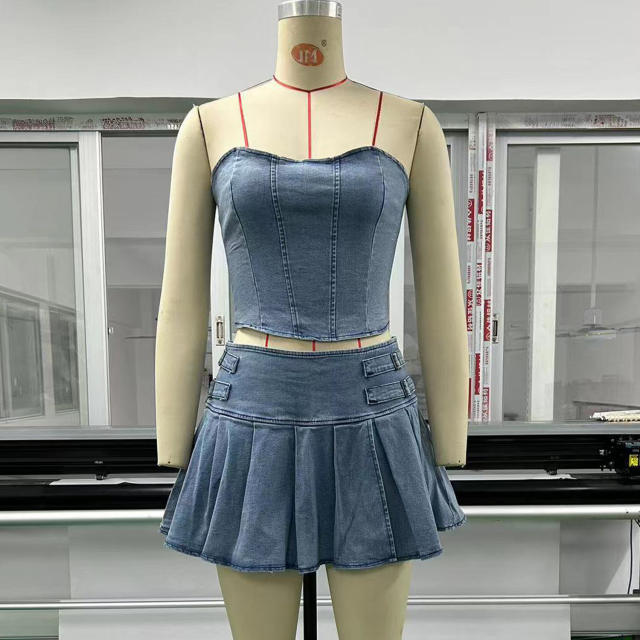 Summer tube top pleated skirt Denim suit