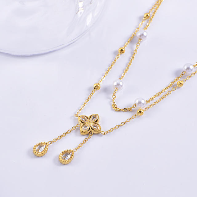 Pealr bead two layer clover stainless steel anklet