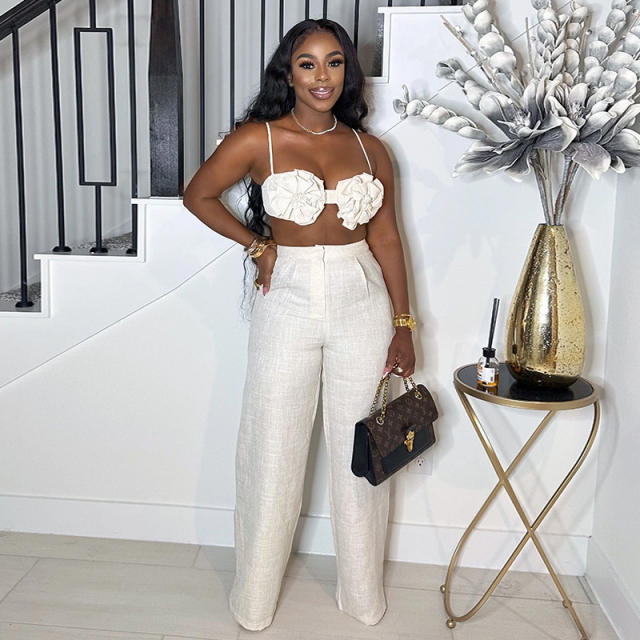 Autumn New Sweet Fresh Strap Tube Top High Waist Straight Casual Pants Two-piece Set