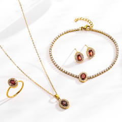 Hot Selling Oval ruby Titanium Steel suit Set Zircon Chain Four-piece Light Luxury Niche Jewelry suit