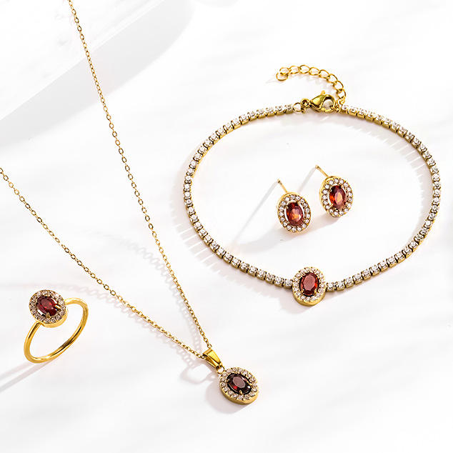 Hot Selling Oval ruby Titanium Steel suit Set Zircon Chain Four-piece Light Luxury Niche Jewelry suit