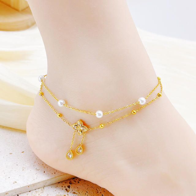 Pealr bead two layer clover stainless steel anklet