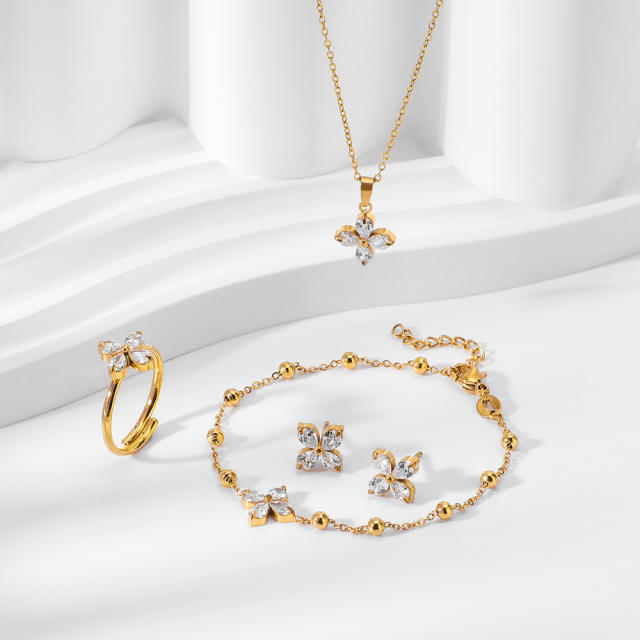 Chic diamond clover stainless steel jewelry set necklace bracelet earrings rings
