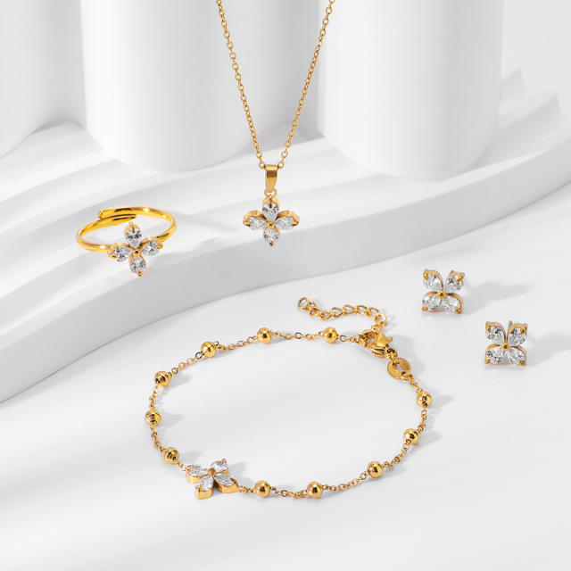 Chic diamond clover stainless steel jewelry set necklace bracelet earrings rings