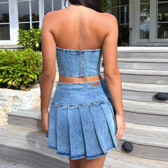 Summer tube top pleated skirt Denim suit