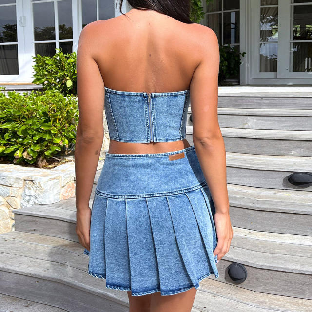 Summer tube top pleated skirt Denim suit