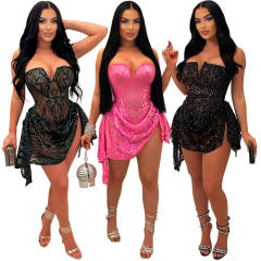 Sexy V-neck tube top perspective sequin dress