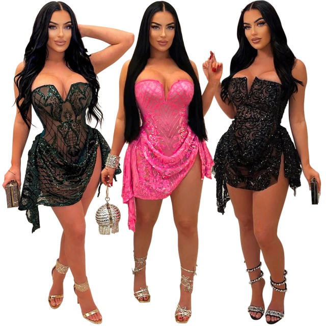 Sexy V-neck tube top perspective sequin dress
