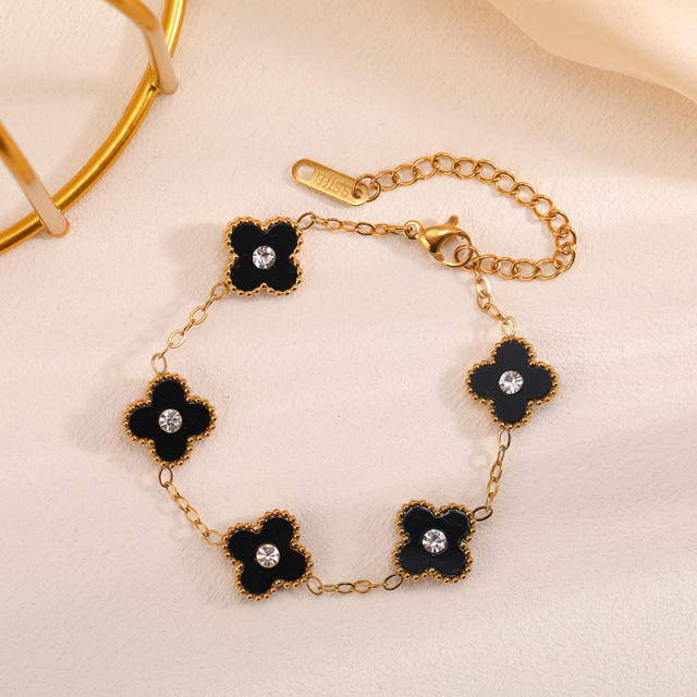 Chic rhinestone clover colorful stainless steel bracelet for women