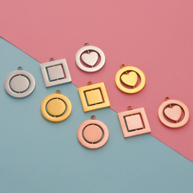 Creative Mirror Stainless Steel Hollow Rotatable Square Round Heart Jewelry Accessories Diy Pendant