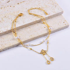 Pealr bead two layer clover stainless steel anklet