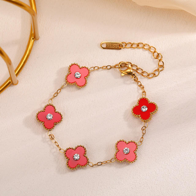 Chic rhinestone clover colorful stainless steel bracelet for women