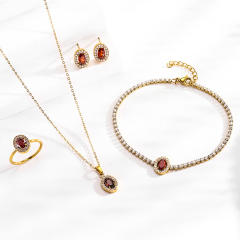 Hot Selling Oval ruby Titanium Steel suit Set Zircon Chain Four-piece Light Luxury Niche Jewelry suit