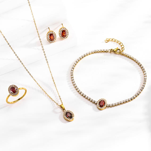 Hot Selling Oval ruby Titanium Steel suit Set Zircon Chain Four-piece Light Luxury Niche Jewelry suit