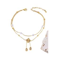 Pealr bead two layer clover stainless steel anklet
