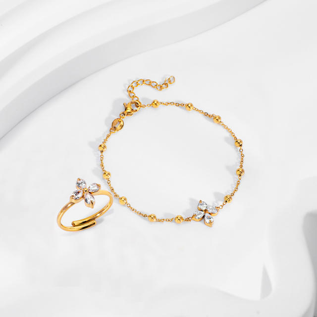 Chic diamond clover stainless steel jewelry set necklace bracelet earrings rings