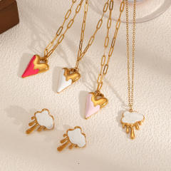 Sweet enamel heart cloud pendant stainless steel necklace