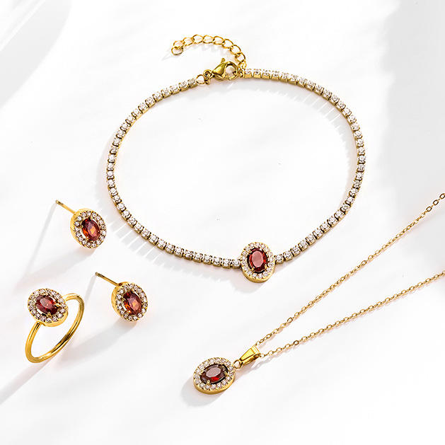 Hot Selling Oval ruby Titanium Steel suit Set Zircon Chain Four-piece Light Luxury Niche Jewelry suit