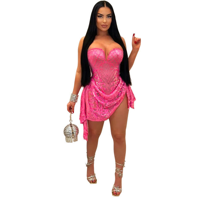 Sexy V-neck tube top perspective sequin dress