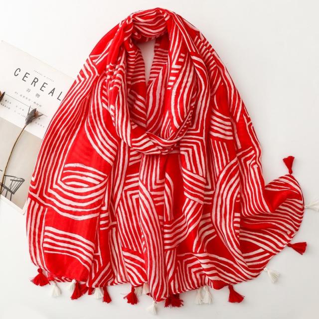French cotton linen hand scarf socialite style minimalist lines soft tassel scarf