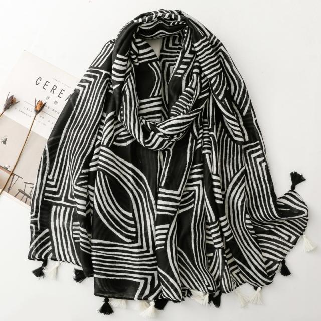 French cotton linen hand scarf socialite style minimalist lines soft tassel scarf
