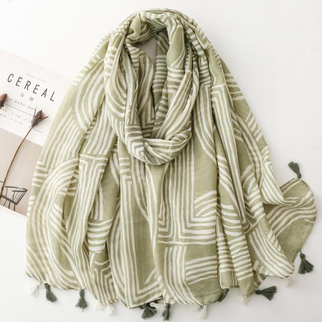 French cotton linen hand scarf socialite style minimalist lines soft tassel scarf