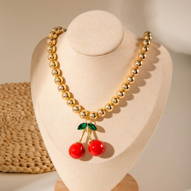 Fashion Simple CCB Beaded Cherry charm Necklace