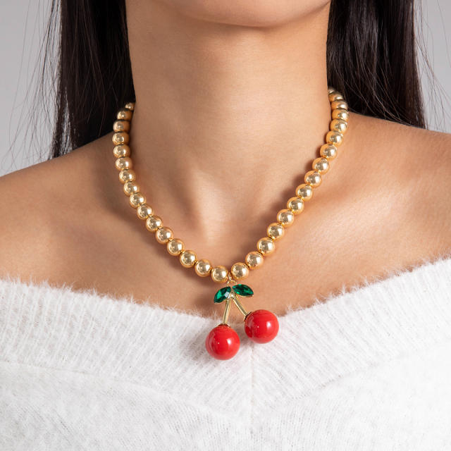 Fashion Simple CCB Beaded Cherry charm Necklace