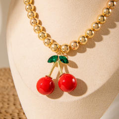 Fashion Simple CCB Beaded Cherry charm Necklace