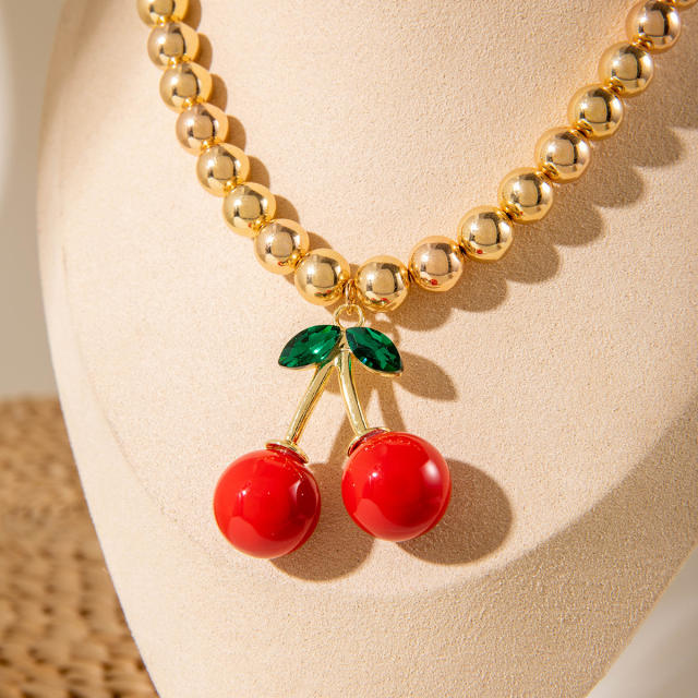 Fashion Simple CCB Beaded Cherry charm Necklace