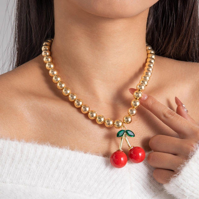 Fashion Simple CCB Beaded Cherry charm Necklace