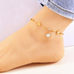Dainty white shell clover diamond stainless steel anklet