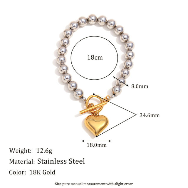 18KG chunky heart pendant bead chain necklace bracelet set stainless steel necklace