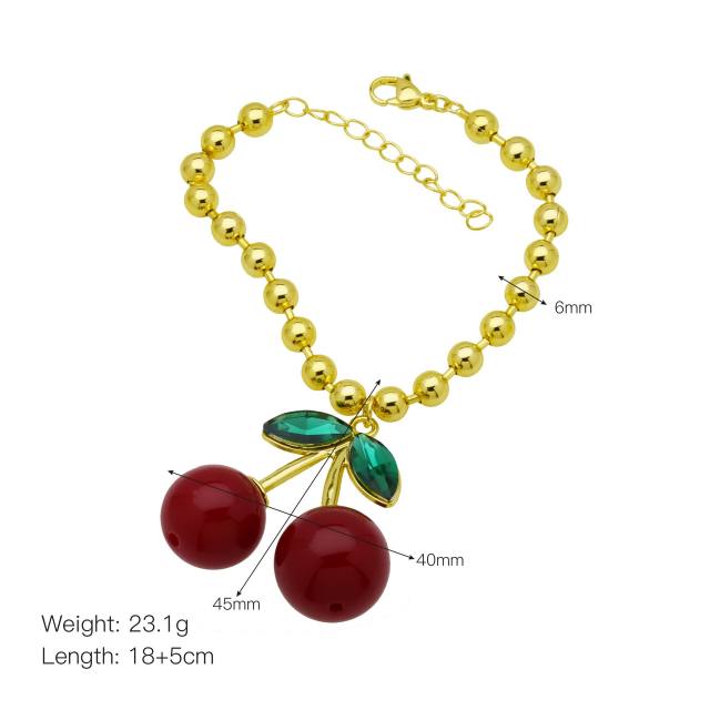 Summer sweet cherry pendant gold plated copper bead necklace bracelet set