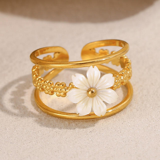 French Style Personality stainless steel rings Plated 18K Gold Shell Flower Opening Ring for Women