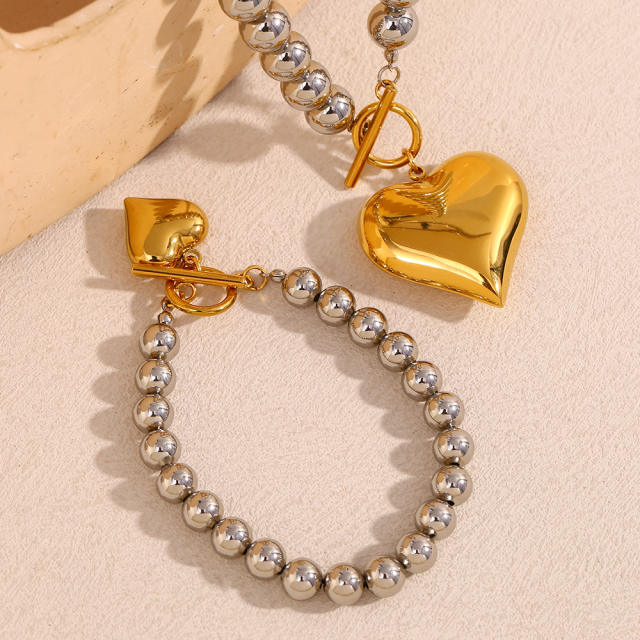 18KG chunky heart pendant bead chain necklace bracelet set stainless steel necklace
