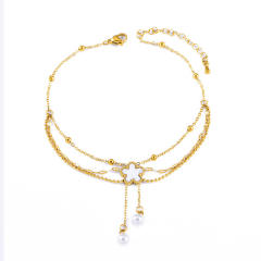 Elegant white shell flower three layer chain tassel stainless steel anklet