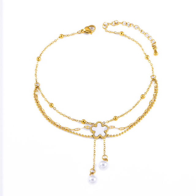 Elegant white shell flower three layer chain tassel stainless steel anklet
