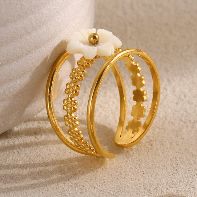French Style Personality stainless steel rings Plated 18K Gold Shell Flower Opening Ring for Women
