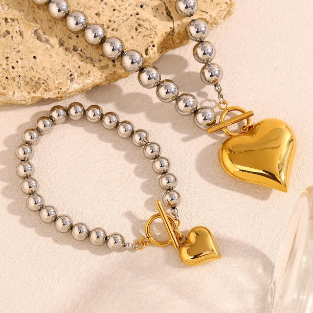 18KG chunky heart pendant bead chain necklace bracelet set stainless steel necklace