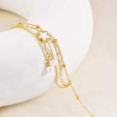 Elegant white shell flower three layer chain tassel stainless steel anklet