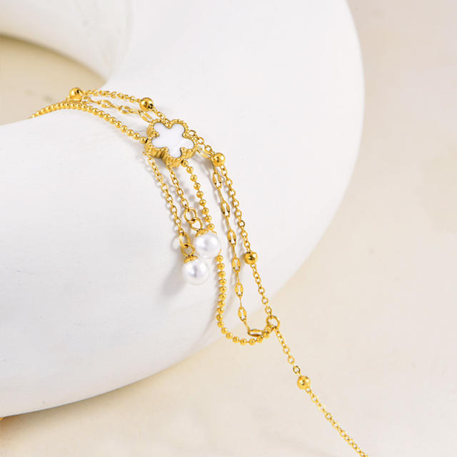 Elegant white shell flower three layer chain tassel stainless steel anklet