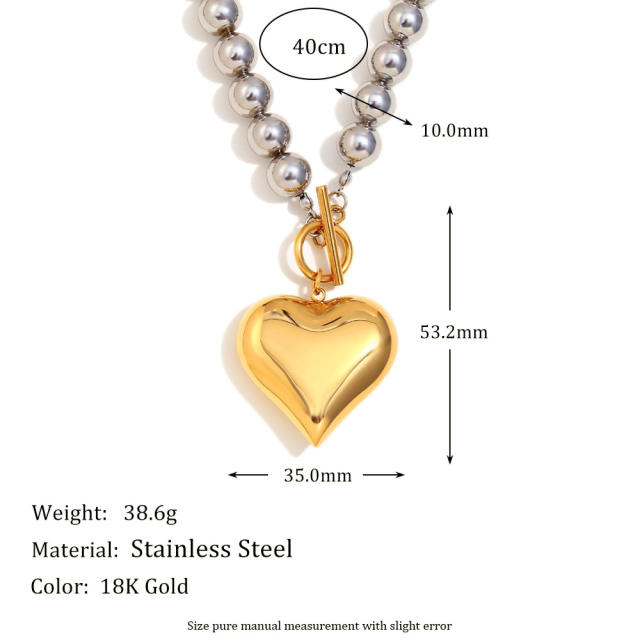 18KG chunky heart pendant bead chain necklace bracelet set stainless steel necklace