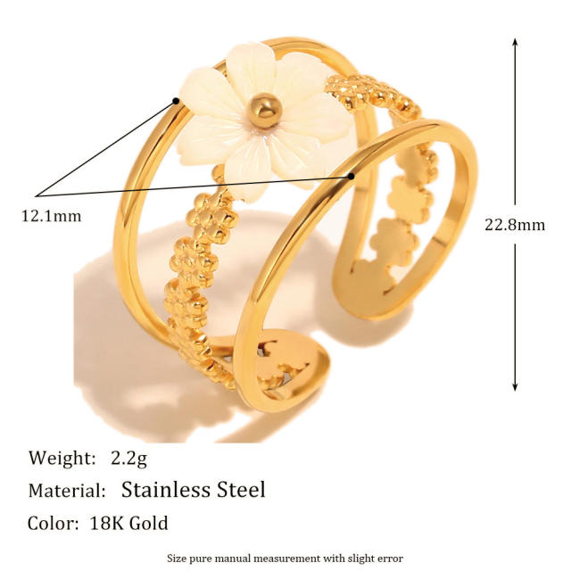 French Style Personality stainless steel rings Plated 18K Gold Shell Flower Opening Ring for Women