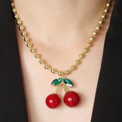 Summer sweet cherry pendant gold plated copper bead necklace bracelet set